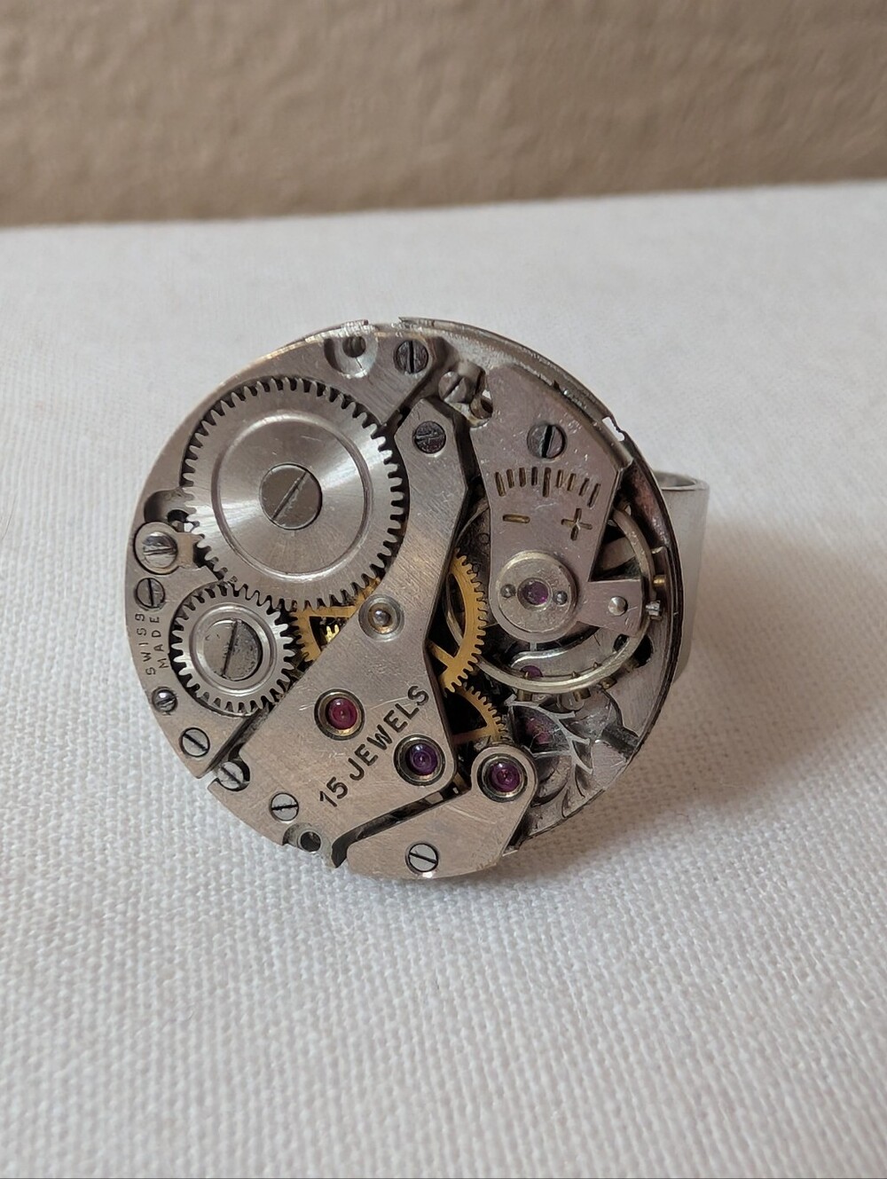 Vintage Swiss Watch Movement Ring Steampunk 15 Jewels Adjustable Band
